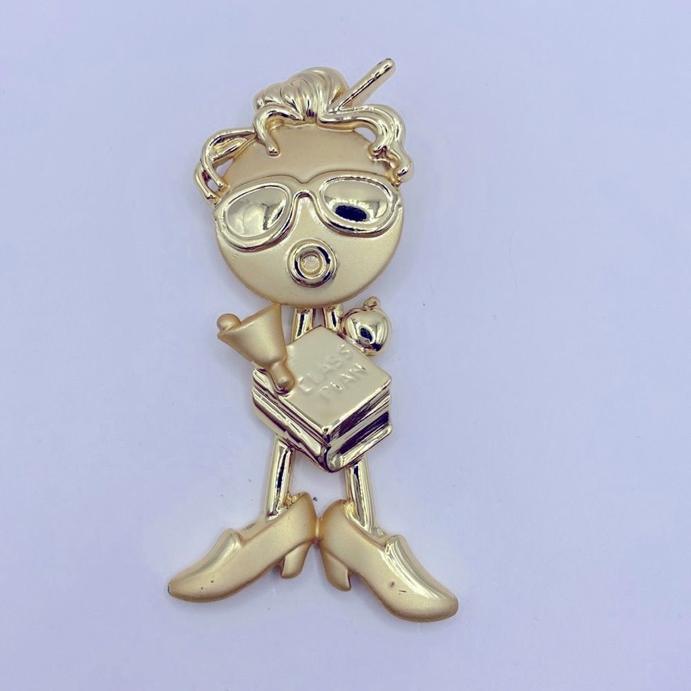 Vintage Signed AJC Teacher Brooch Articulated Wobble Head Gold Tone